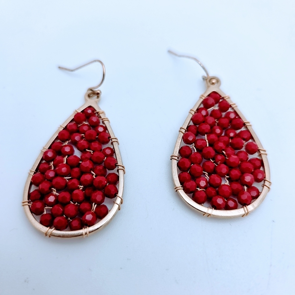 Glamorous Red and Gold Teardrop Earrings Handmade NWT